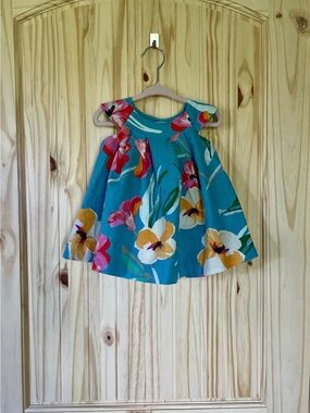 Tea Collection Linen Cotton Blend Teal Floral Flutter Dress. Size 9-12 months
